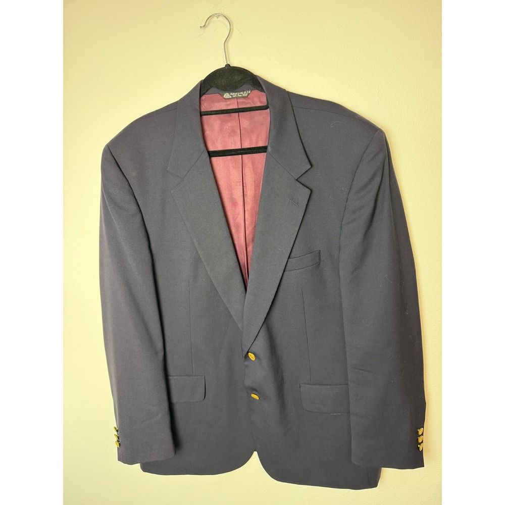 Halston Mens Navy Blue 100% Pure Wool Two Button Blazer Gold Crest Buttons USA